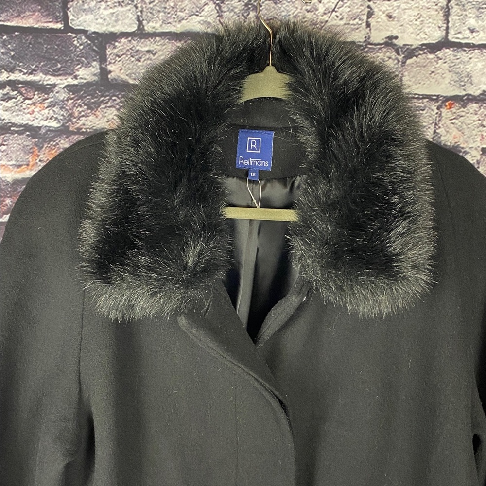 Reitmans Black Wool Pea Mid Length Coat with Faux Fur Collar Sz 12 - Picture 4 of 14